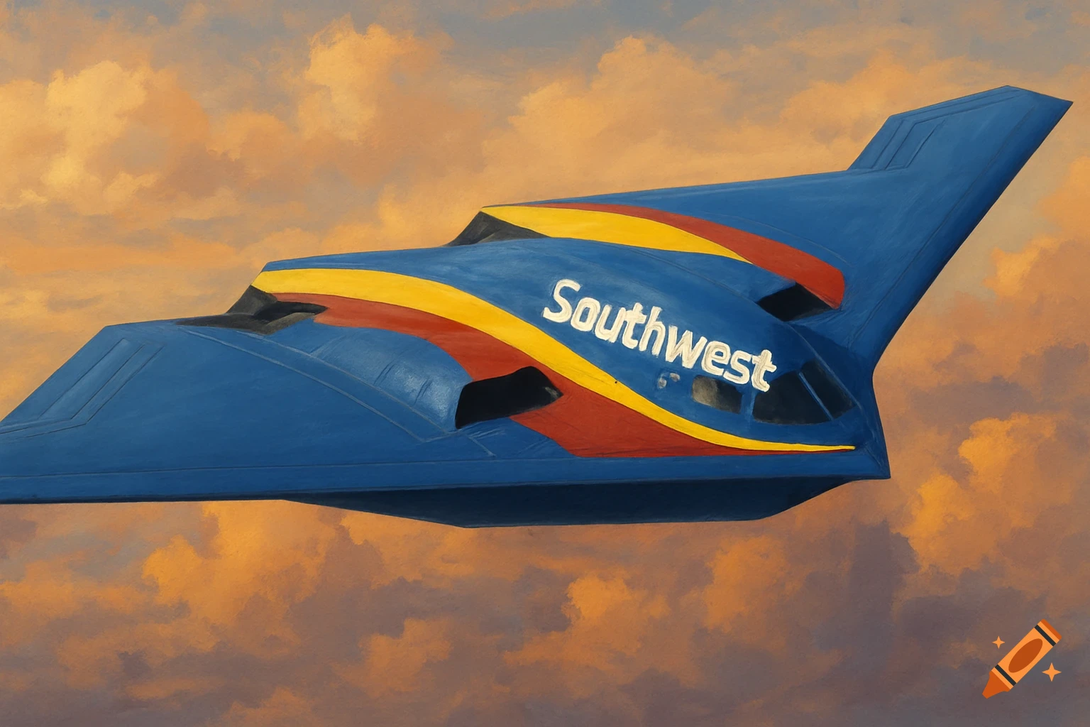 A blue B-2 Spirit bomber with Southwest Airlines livery, featuring yellow and red stripes and 'Southwest' text, flying through an orange, cloudy sky in a painterly style.