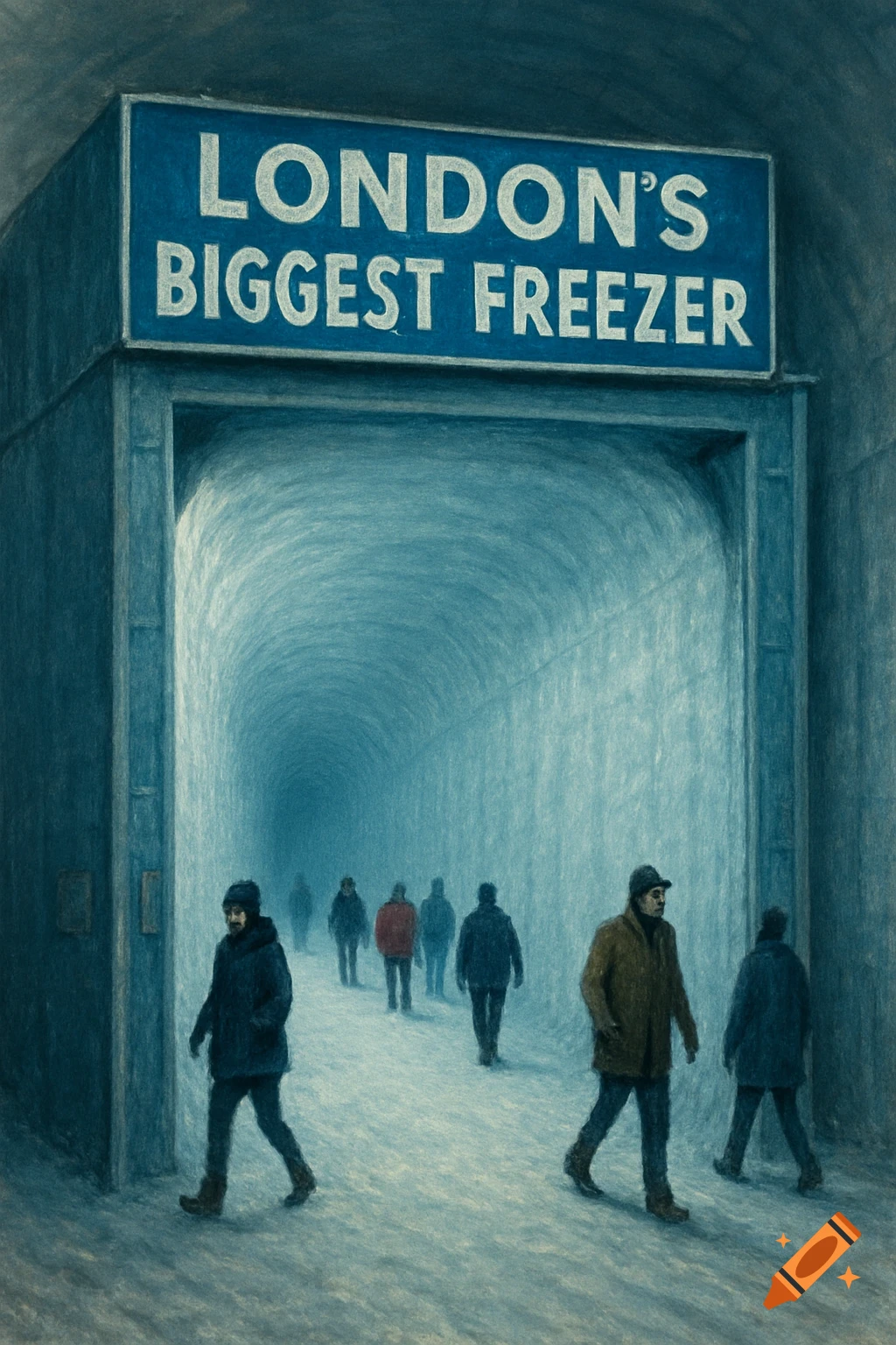 People walk into a cold, misty tunnel beneath a blue sign that reads 'LONDON'S BIGGEST FREEZER', in a painting style.