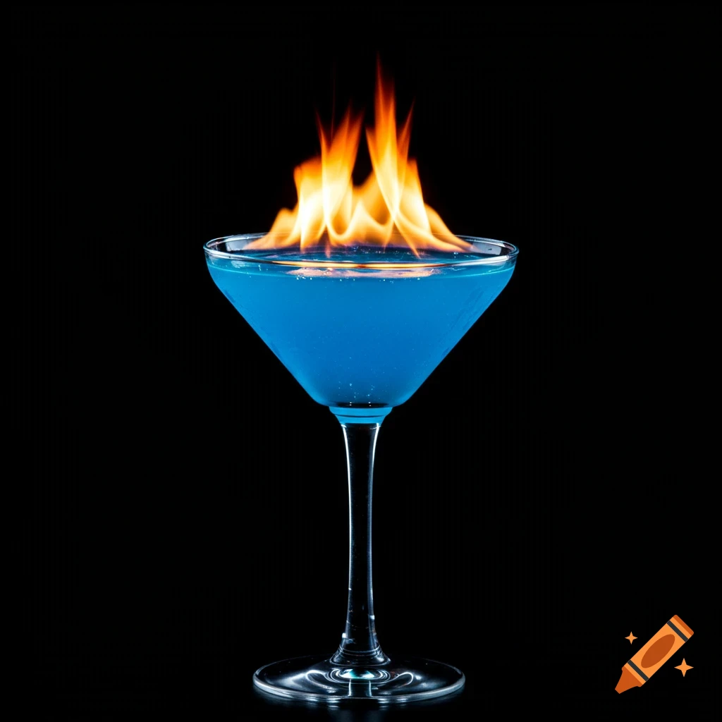 A photorealistic blue cocktail in a martini glass with flames on top, on a black background.