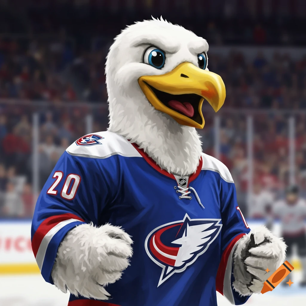 Cartoonish eagle mascot wearing a blue and red hockey jersey with the number 20, standing on an ice rink.