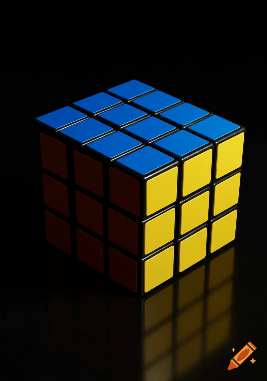 A close-up of a Rubik's Cube with blue and yellow faces on a dark, reflective surface.