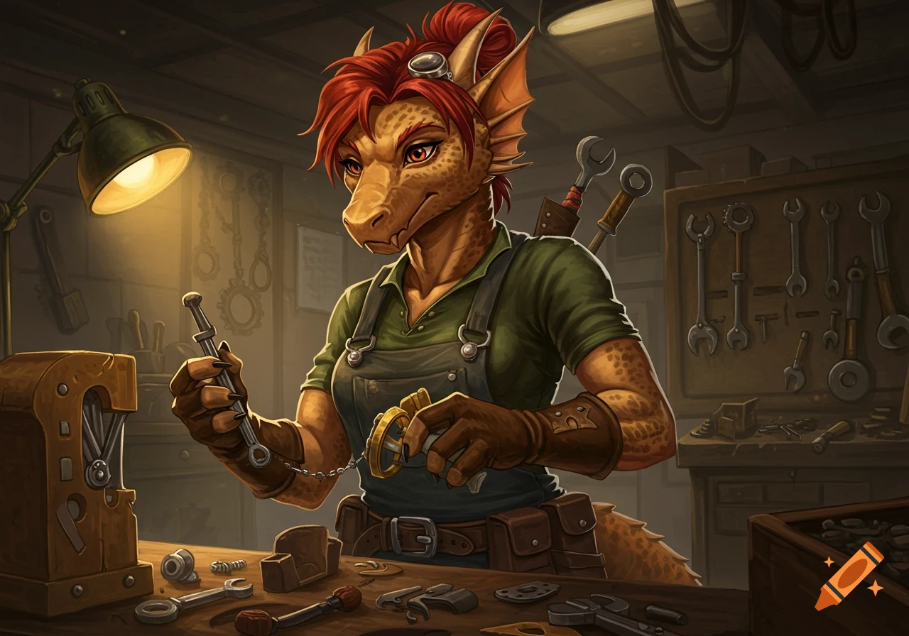 A detailed illustration of a red-haired reptilian female mechanic working on metal parts in a dimly lit workshop.
