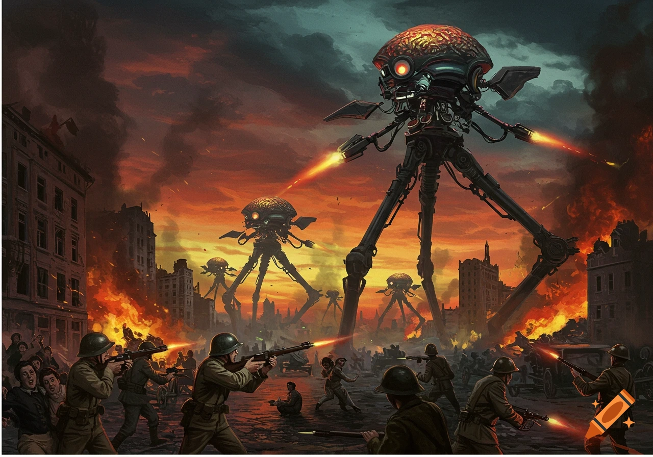 Soldiers fight giant alien tripod machines firing heat rays in a burning city under a dark, fiery sky.