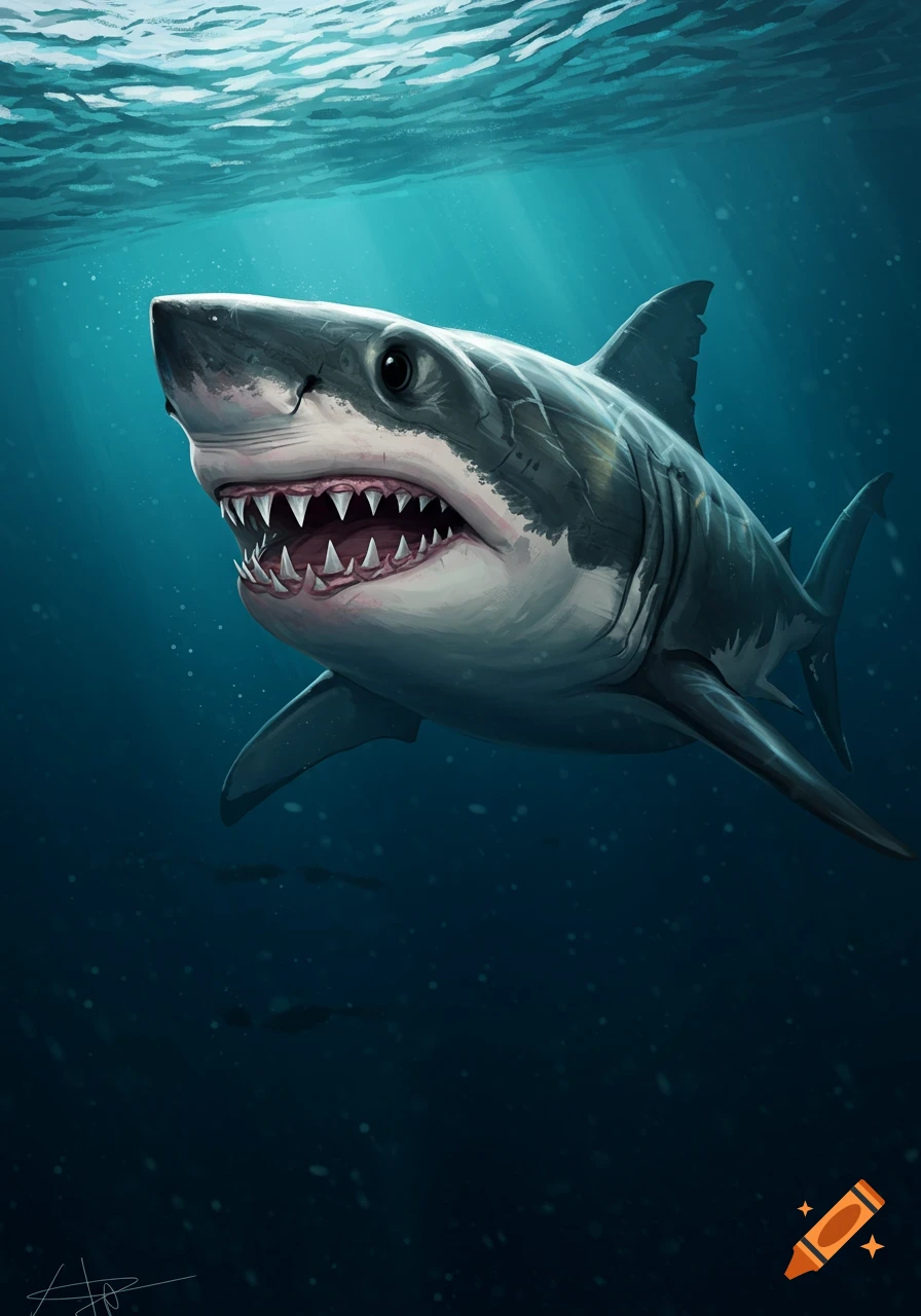 A great white shark swims underwater, mouth open revealing rows of teeth, in a digital painting style.