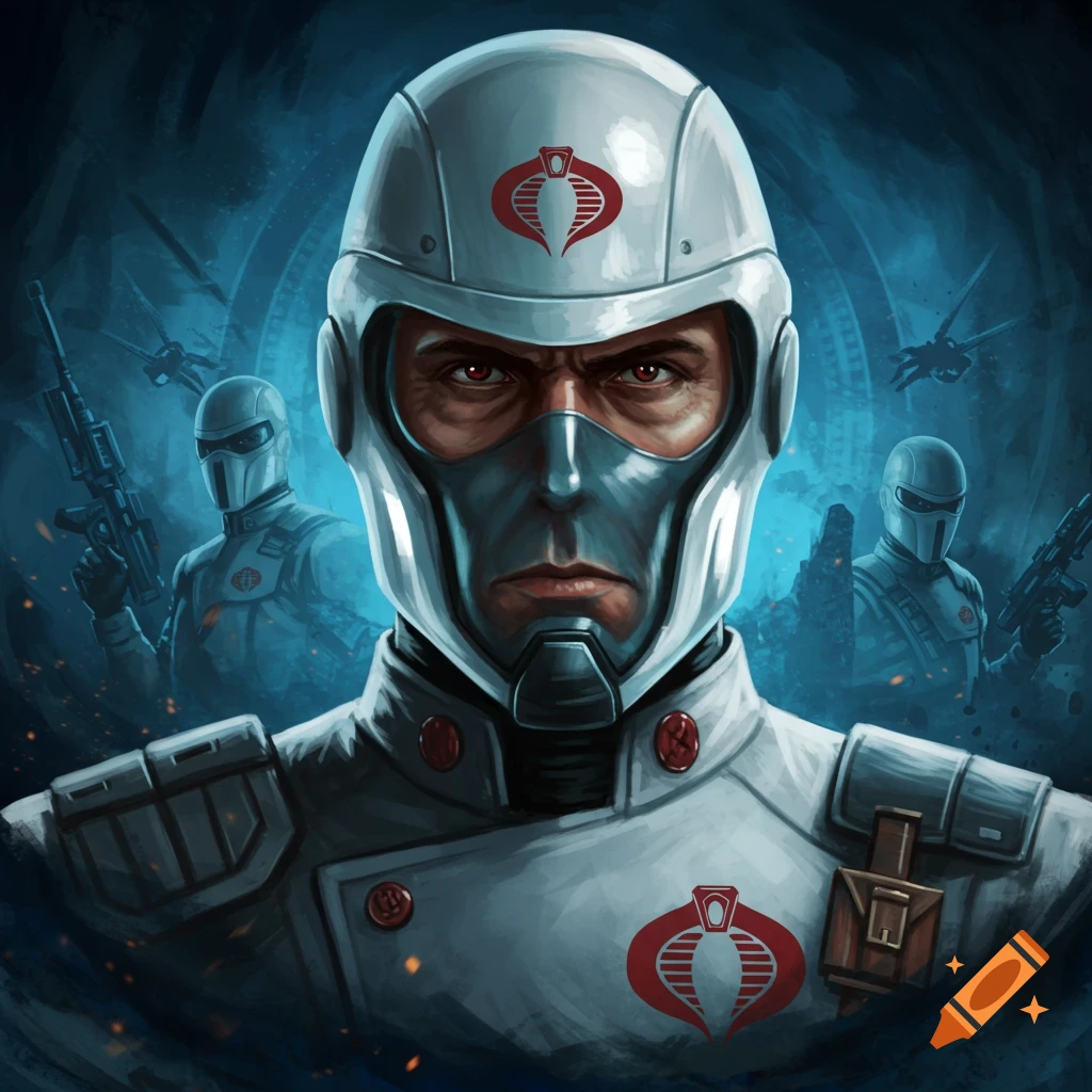 Close-up illustration of Cobra Commander in a white helmet and mask with red eyes, two armored figures and futuristic vehicles in a dark blue background.