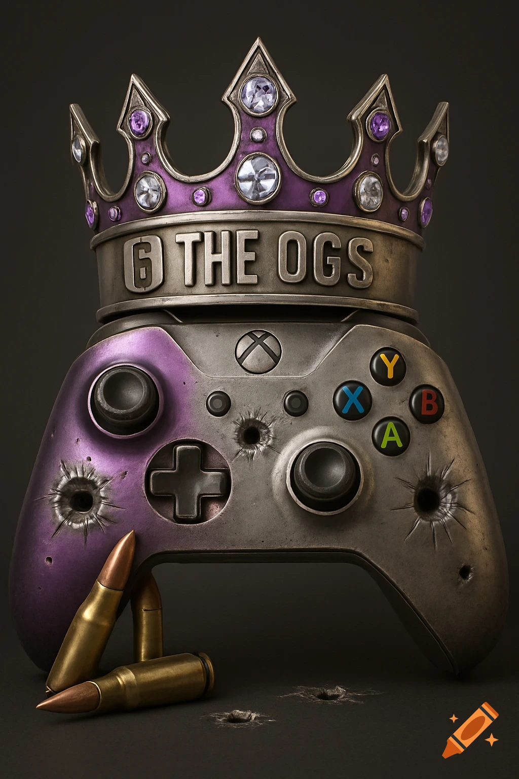 A hyper-realistic purple and gray Xbox controller with bullet holes and a crown on top. The crown has purple and clear gems and reads "6 THE OGS". Several bullets lie on the ground below.