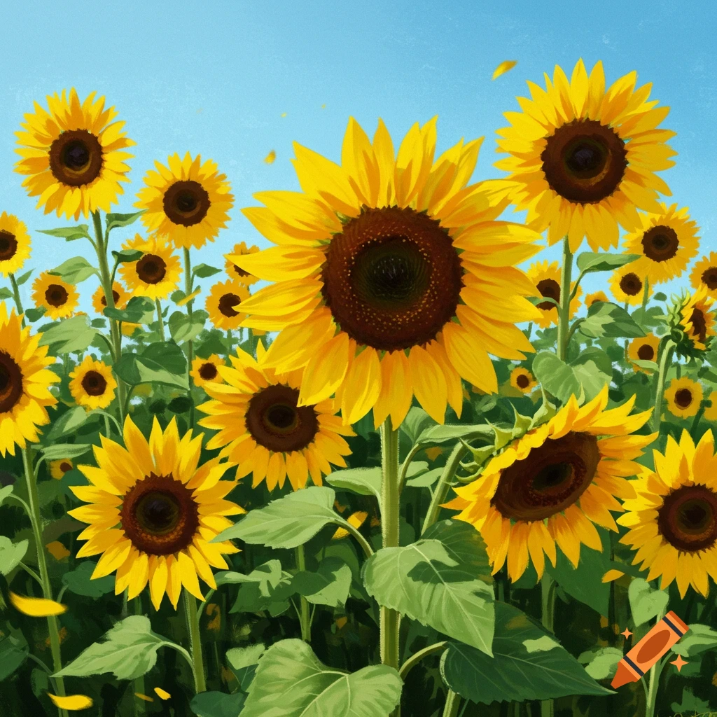 A vibrant field of bright yellow sunflowers under a clear blue sky.