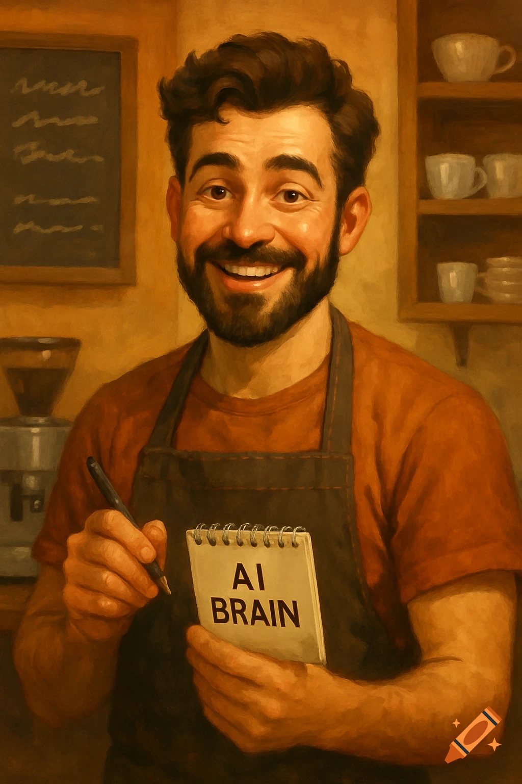 Smiling bearded barista in an apron holding a notepad labeled "AI BRAIN" in a coffee shop, painterly style.