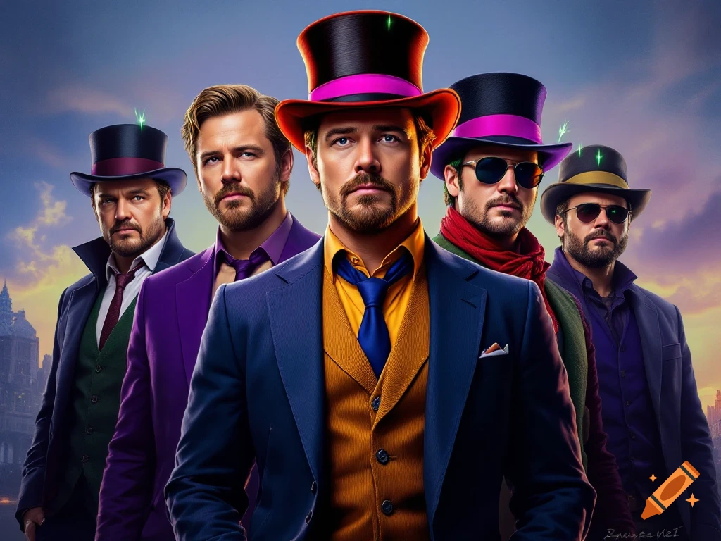 Five men in colorful, stylized suits and top hats, with glowing accents on their hats, stand against a dramatic sky background.