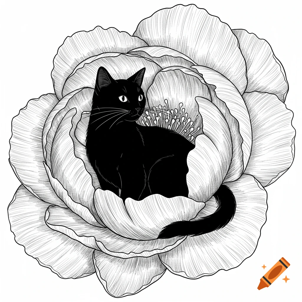 A black and white line drawing of a black cat sitting inside a large, detailed flower.