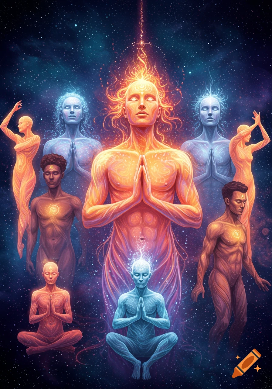 Glowing human figures in various poses, including meditation, against a dark starry cosmic background.