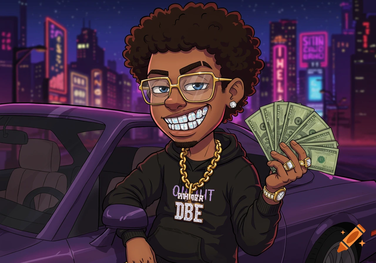 A confident cartoon man with curly hair, glasses, and a gold chain, holding cash while leaning on a purple car in a neon city.