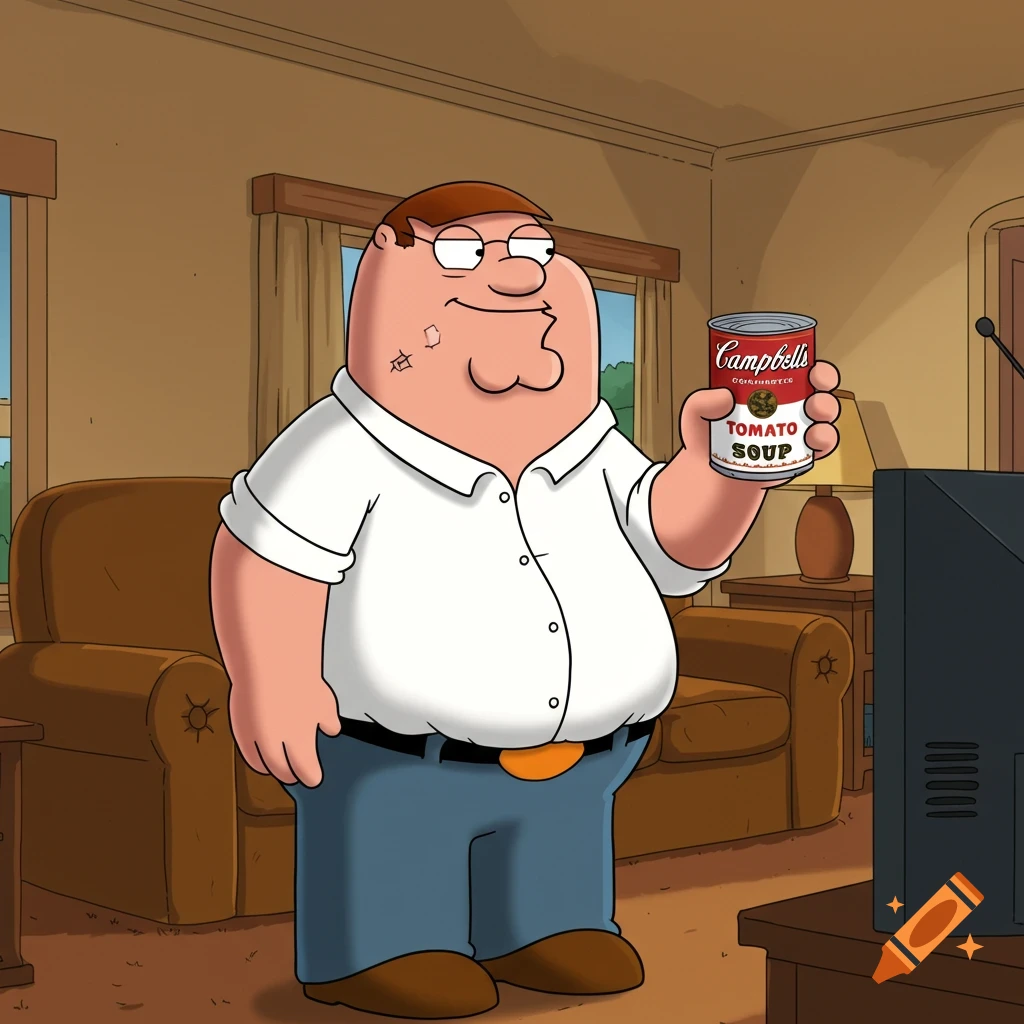 Peter Griffin from Family Guy stands in a living room, holding a can of Campbell's tomato soup. The image is in the show's animation style.