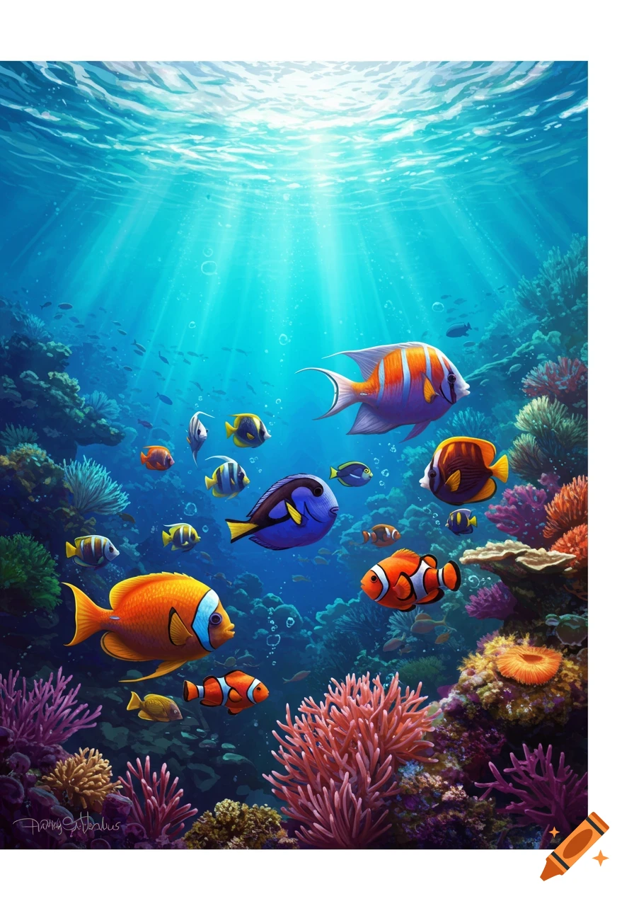A vibrant underwater scene with many colorful tropical fish swimming among coral reefs, with sunlight filtering through the water.