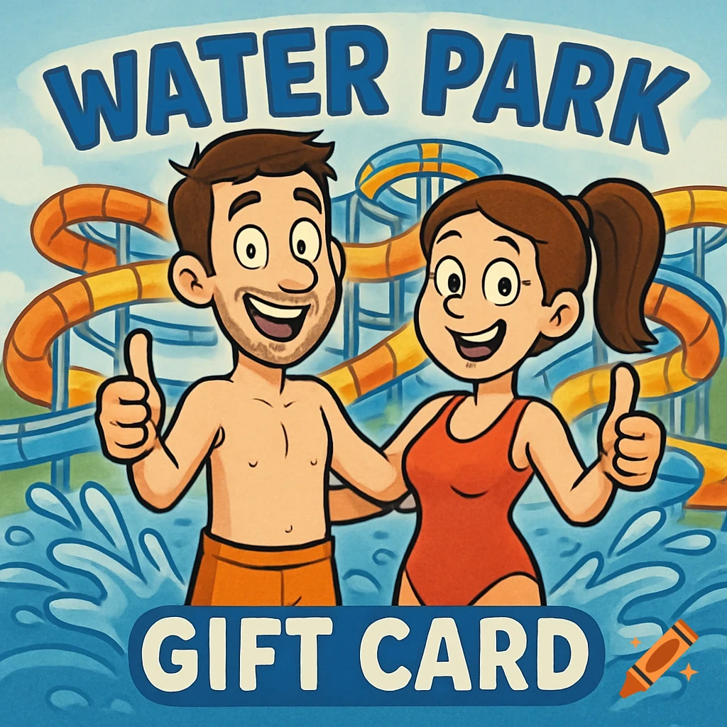 Cartoon image of a man and woman in swimsuits at a water park, giving thumbs up. Text reads 'WATER PARK GIFT CARD'.