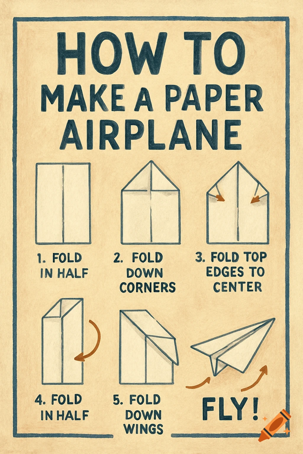 Illustrated steps for making a paper airplane with text instructions and diagrams on a textured background.