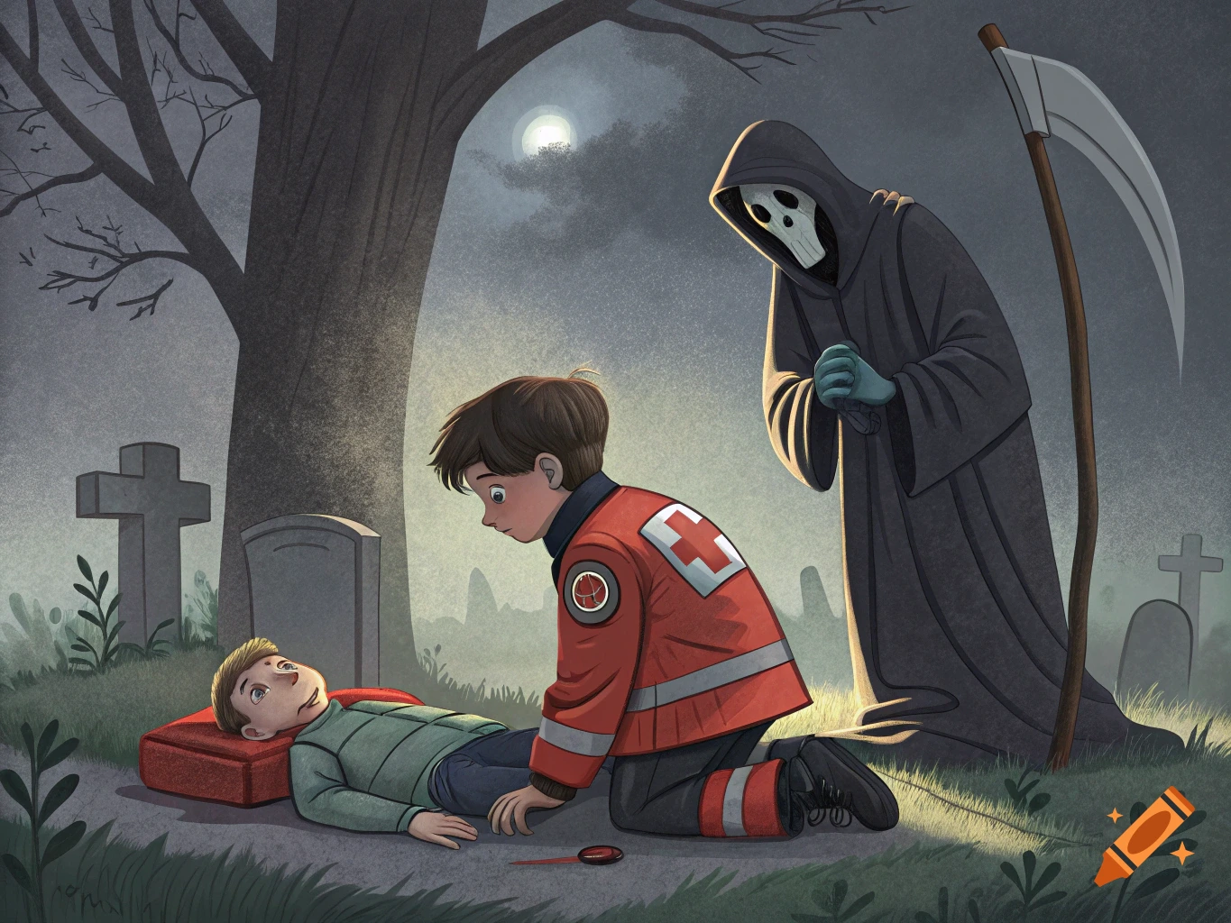 A paramedic boy kneels over an injured boy on the ground in a cemetery at night, while the Grim Reaper stands behind them.