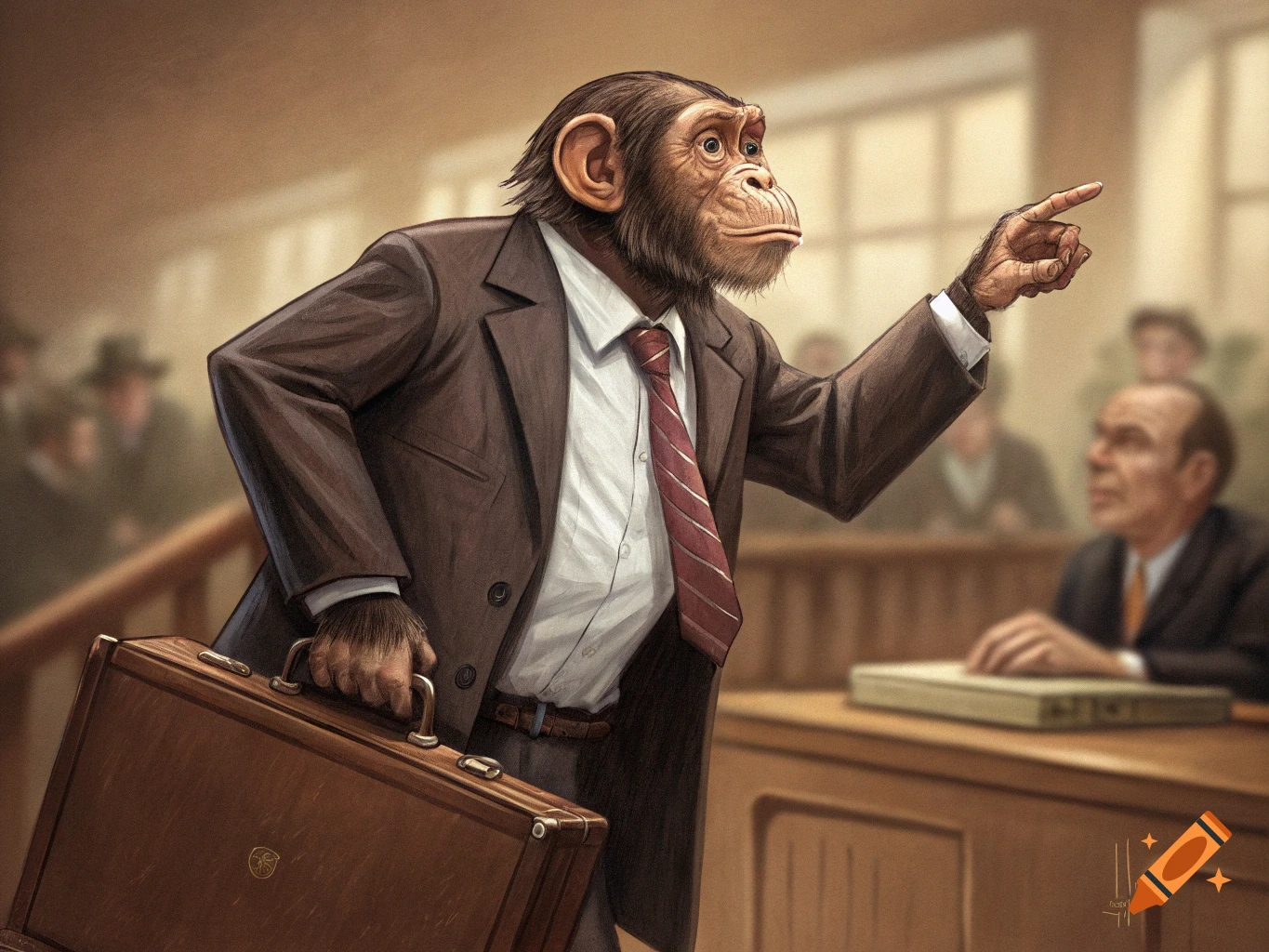 An illustration of a chimpanzee dressed in a suit and tie, holding a briefcase, and pointing a finger in a courtroom.