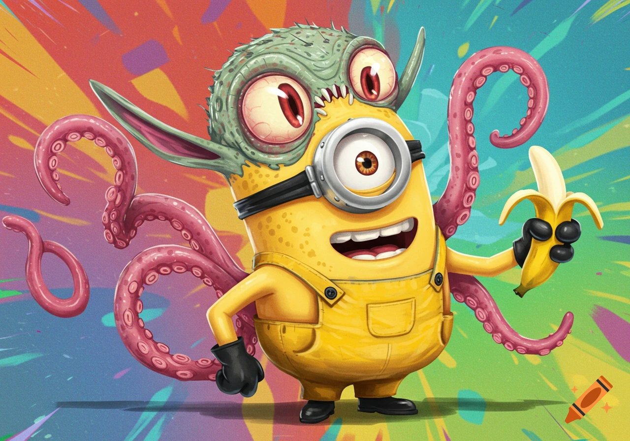 A yellow Minion character with alien features, including green textured skin, large eyes, and pink tentacles, holds a peeled banana against a colorful background.