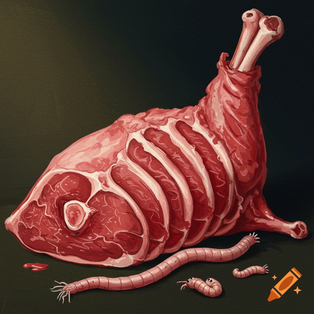 A grotesque, illustrative depiction of a large, raw cut of meat with bones and ribs, resembling a fish, alongside several worms on a dark background.