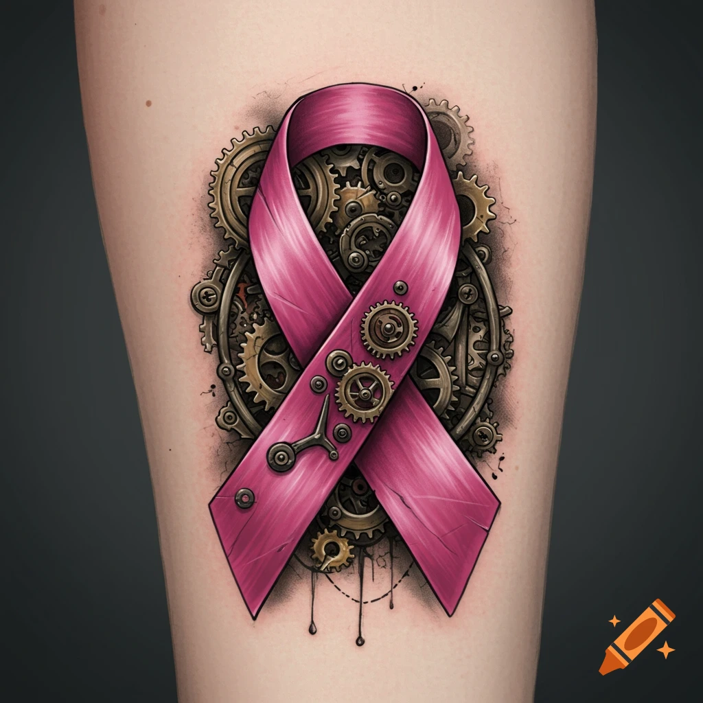 A pink breast cancer awareness ribbon tattoo with intricate steampunk gears on skin.
