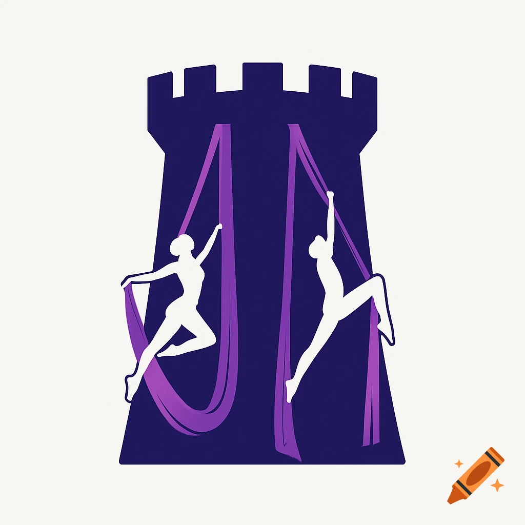 A simple logo featuring a dark purple castle tower with two white silhouette aerialists performing on purple silks.