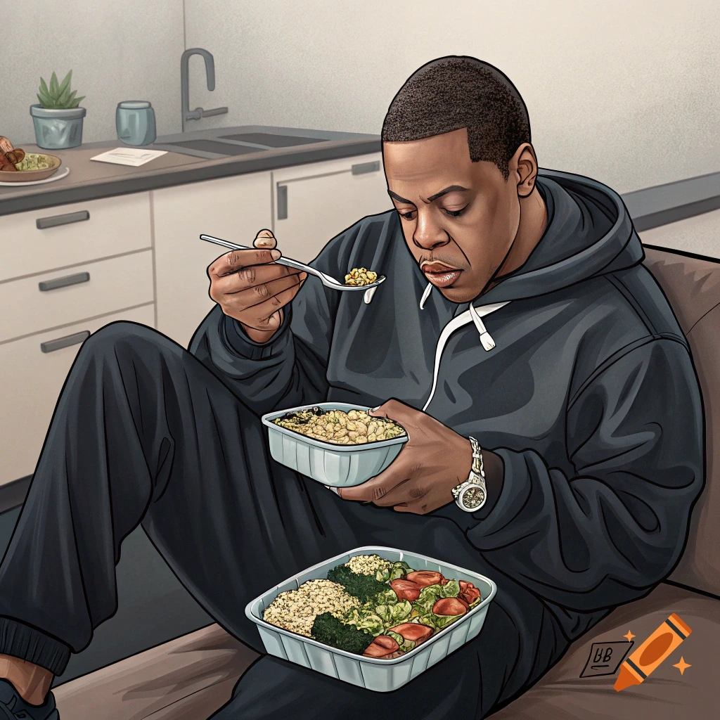 Stylized illustration of Jay-Z eating meal prep from a container while sitting on a couch in a kitchen setting.