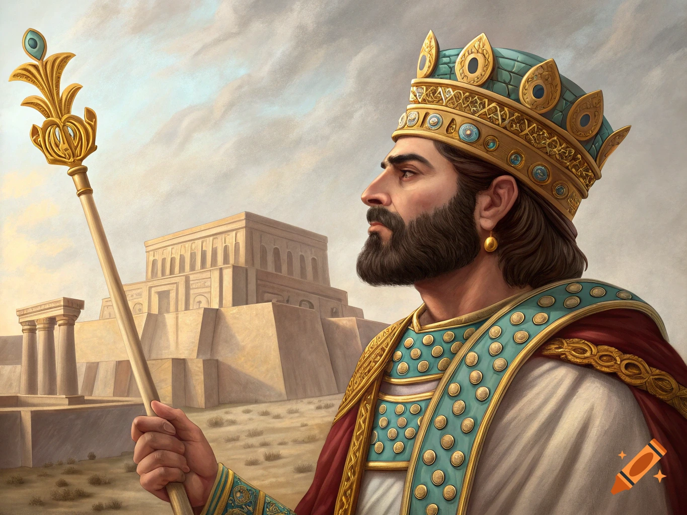 A king in ancient attire and a crown holds a staff, standing before a large ziggurat in a desert landscape, painted in a realistic style.