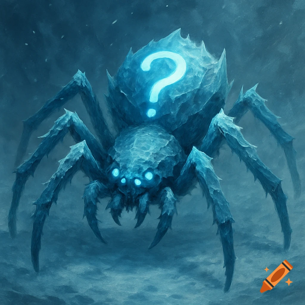A large, icy blue spider with glowing eyes and a bright question mark on its back in a dark, cold environment.
