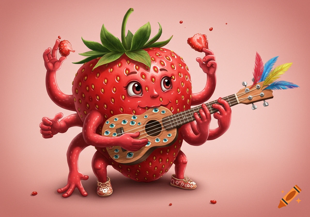 A whimsical, cartoonish, multi-limbed strawberry character plays a ukulele adorned with many eyes and colorful feathers. It wears small patterned shoes and holds two smaller strawberries.