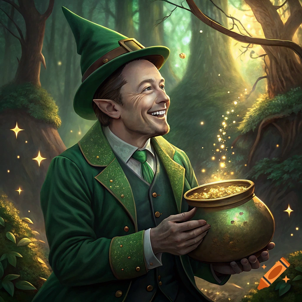 Elon Musk as a smiling leprechaun with pointed ears, holding a pot of gold in an enchanted forest with golden sparkles.