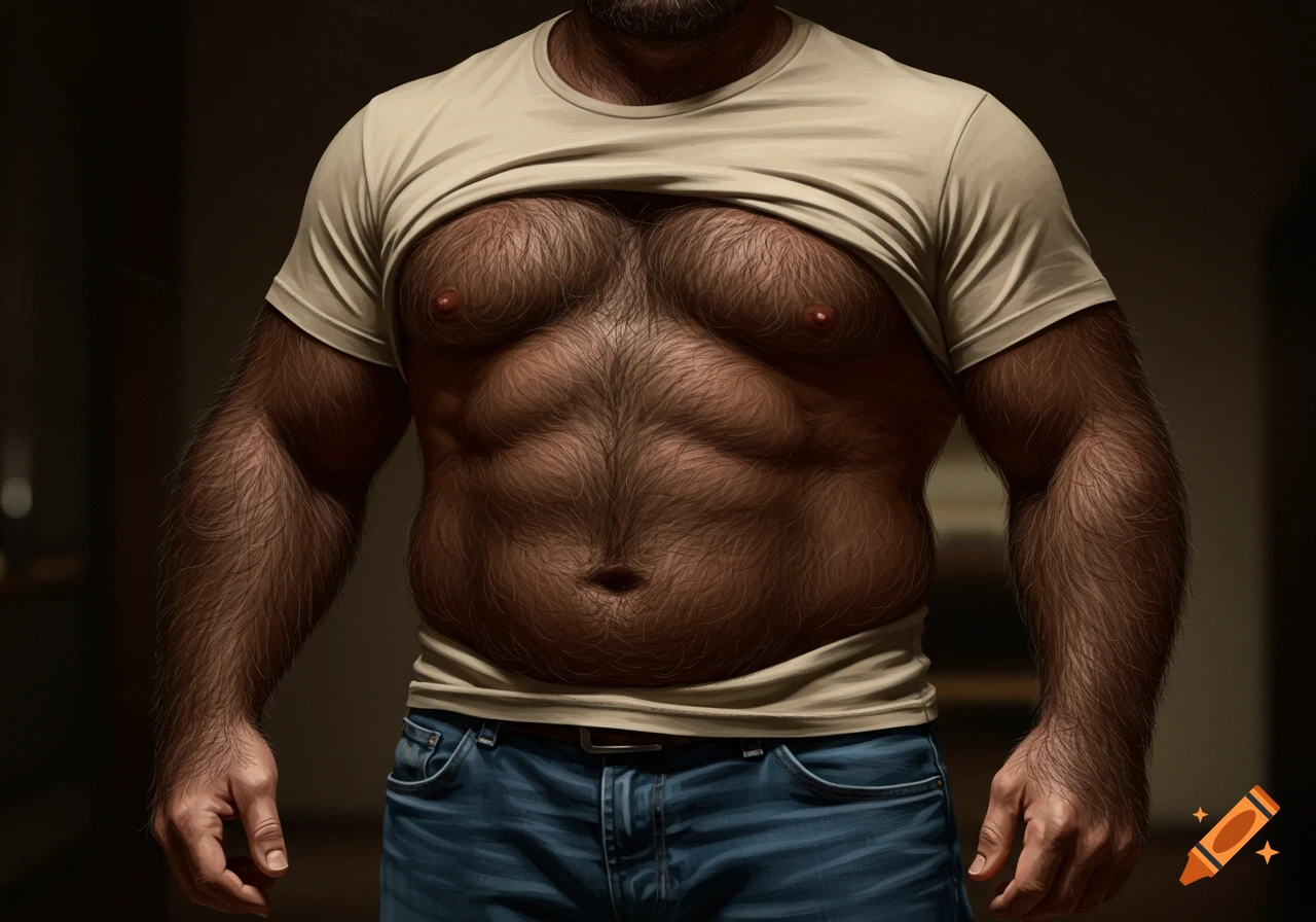 A muscular man's torso with abundant dark body hair visible from under a pulled-up beige t-shirt, wearing blue jeans, photorealistic style.