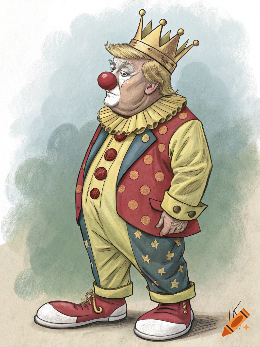Illustration of Donald Trump depicted as a clown, wearing a red nose, a colorful polka-dotted and starred clown suit, and a golden crown.