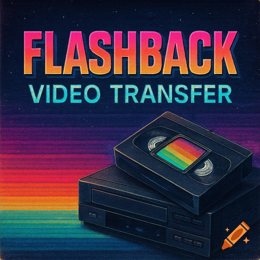 A retro-style illustration featuring a VHS tape and player against a colorful gradient background with "Flashback Video Transfer" text.