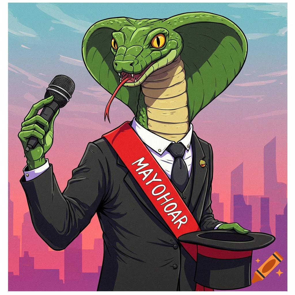 An anthropomorphic green cobra wearing a suit and a red sash, holding a microphone against a city skyline.
