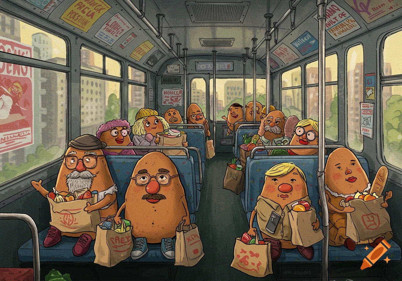 A colorful cartoon illustration of various potato-headed people with human bodies and clothes, sitting on a city bus holding grocery bags.