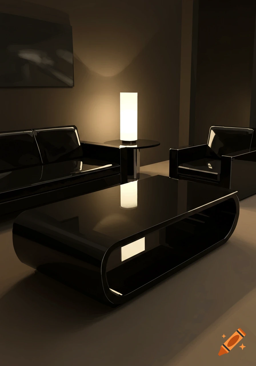 Modern living room with black obsidian glass furniture and a tall, glowing lamp.