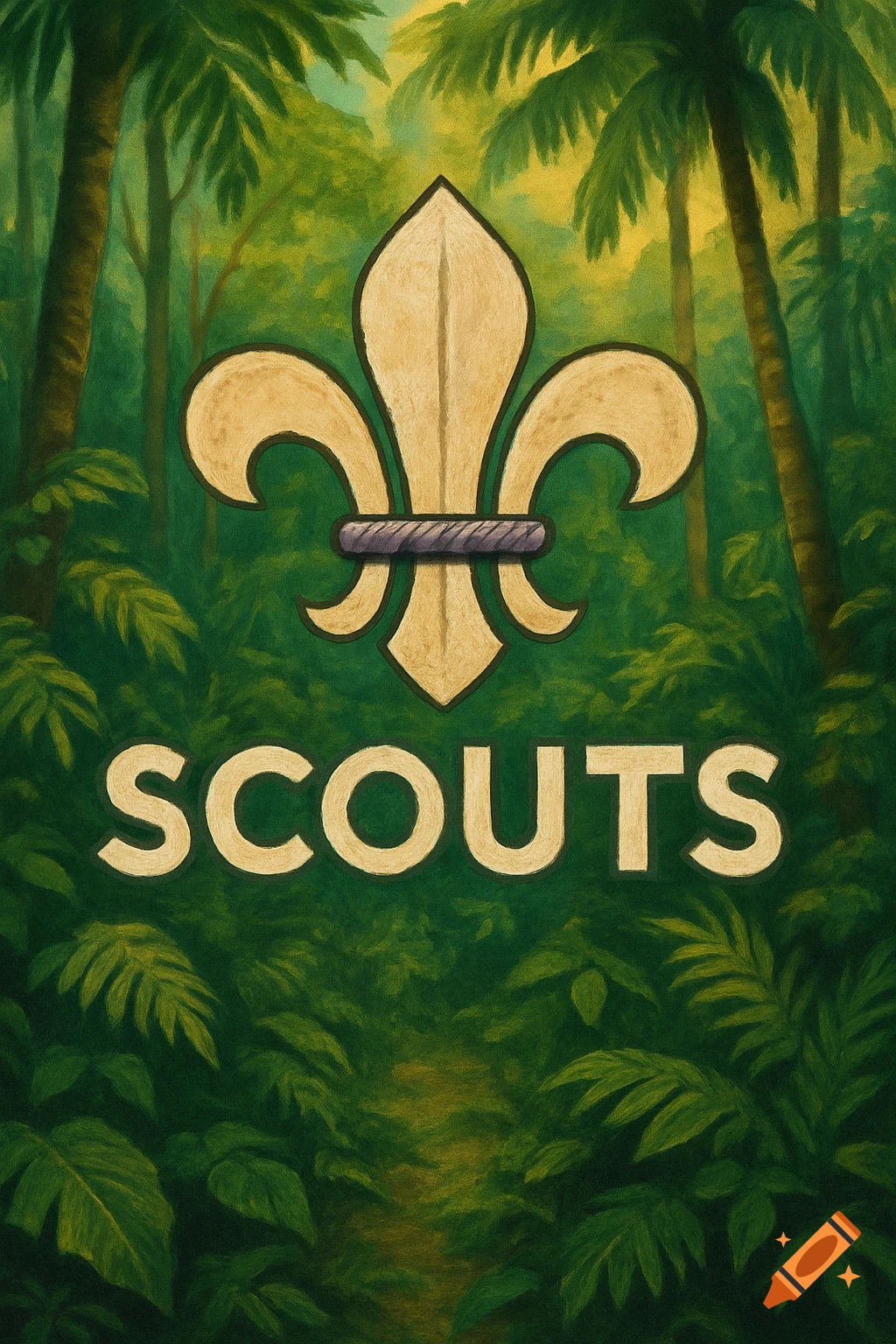 A golden fleur-de-lis Scout logo with the word 'SCOUTS' below, set against a lush green jungle backdrop in a painterly style.
