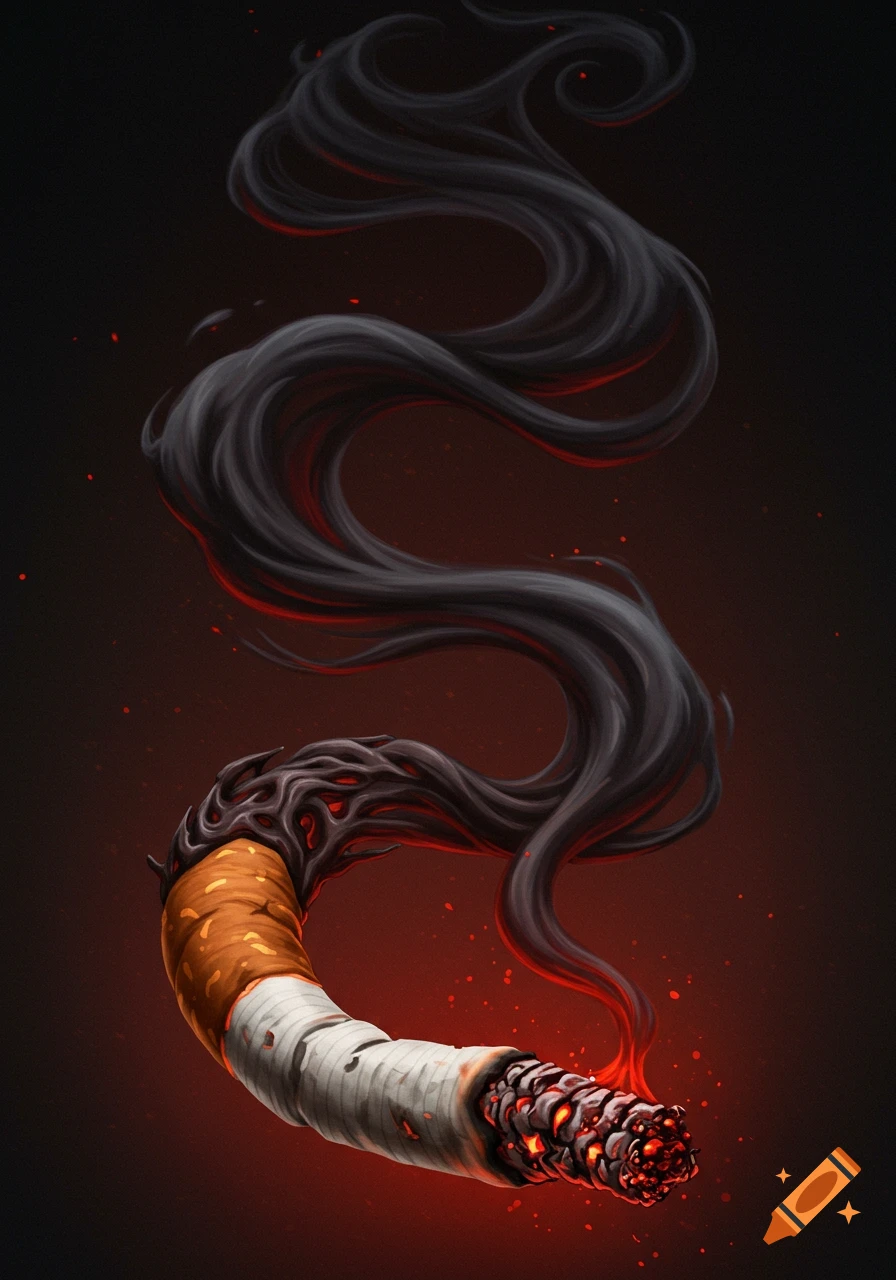 A stylized, bent cigarette with glowing embers and dark, twisted smoke against a red and black background.