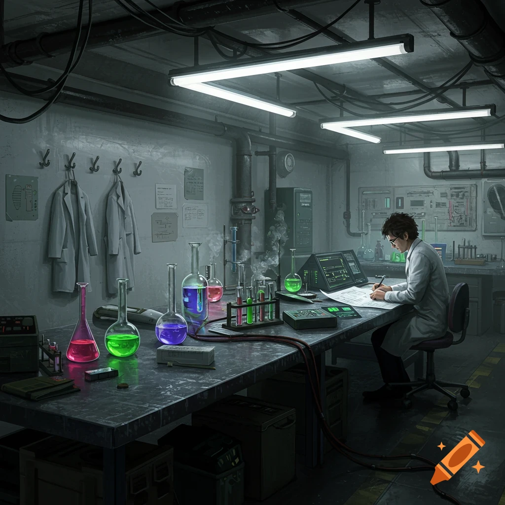 A scientist works at a desk in a dimly lit, industrial underground lab, surrounded by colorful beakers and equipment.