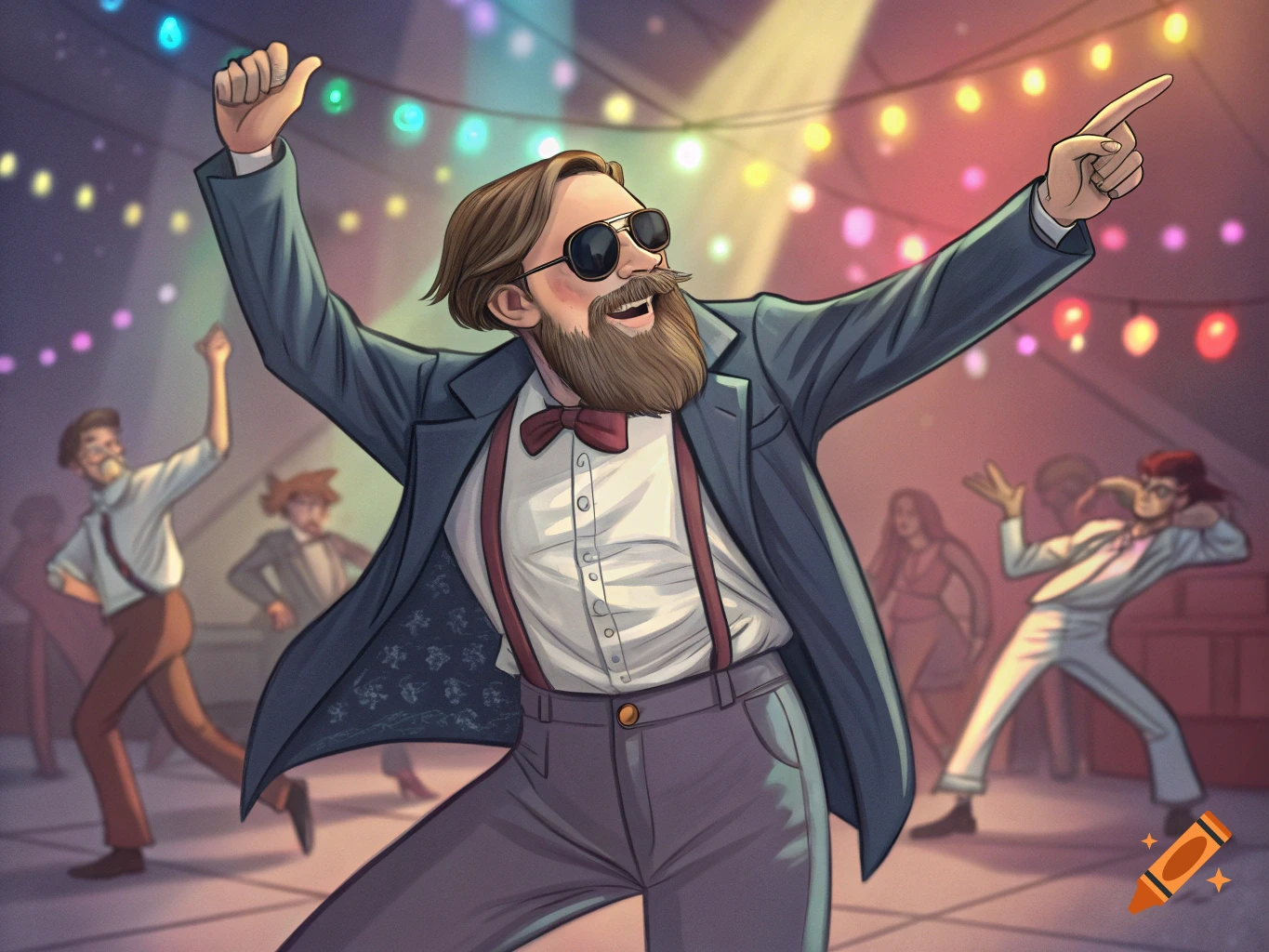 An illustrated bearded man in a suit, bowtie, and sunglasses dances enthusiastically at a party under colorful string lights.