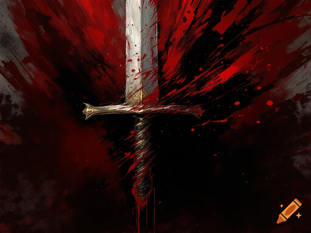 A close-up of a sword with a gold hilt, covered in stylized red blood splatters against a dark, textured background.