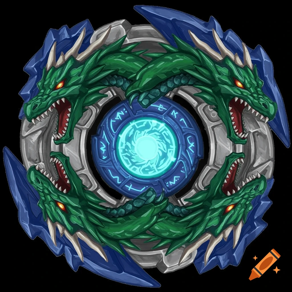 A circular Beyblade core chip featuring four green dragon heads with red eyes encircling a glowing blue mystical core. The outer ring is gray and blue.