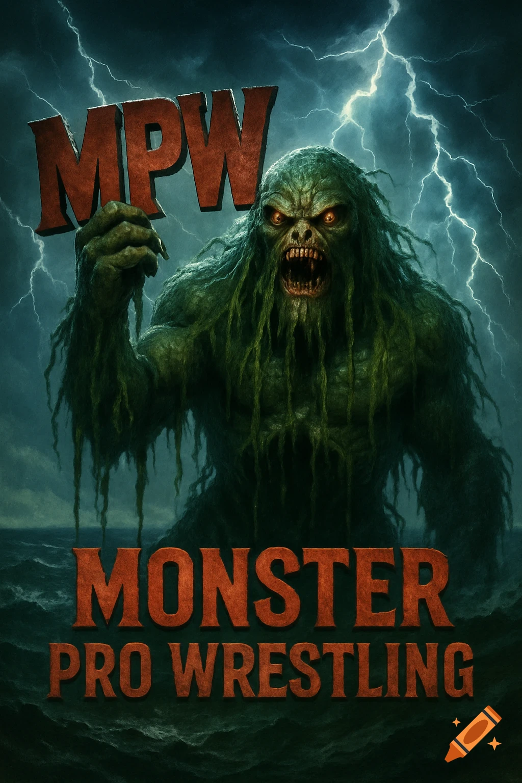 A terrifying green sea monster with glowing eyes emerges from the ocean during a lightning storm, holding the letters MPW, with 'MONSTER PRO WRESTLING' text below. Dramatic horror style.