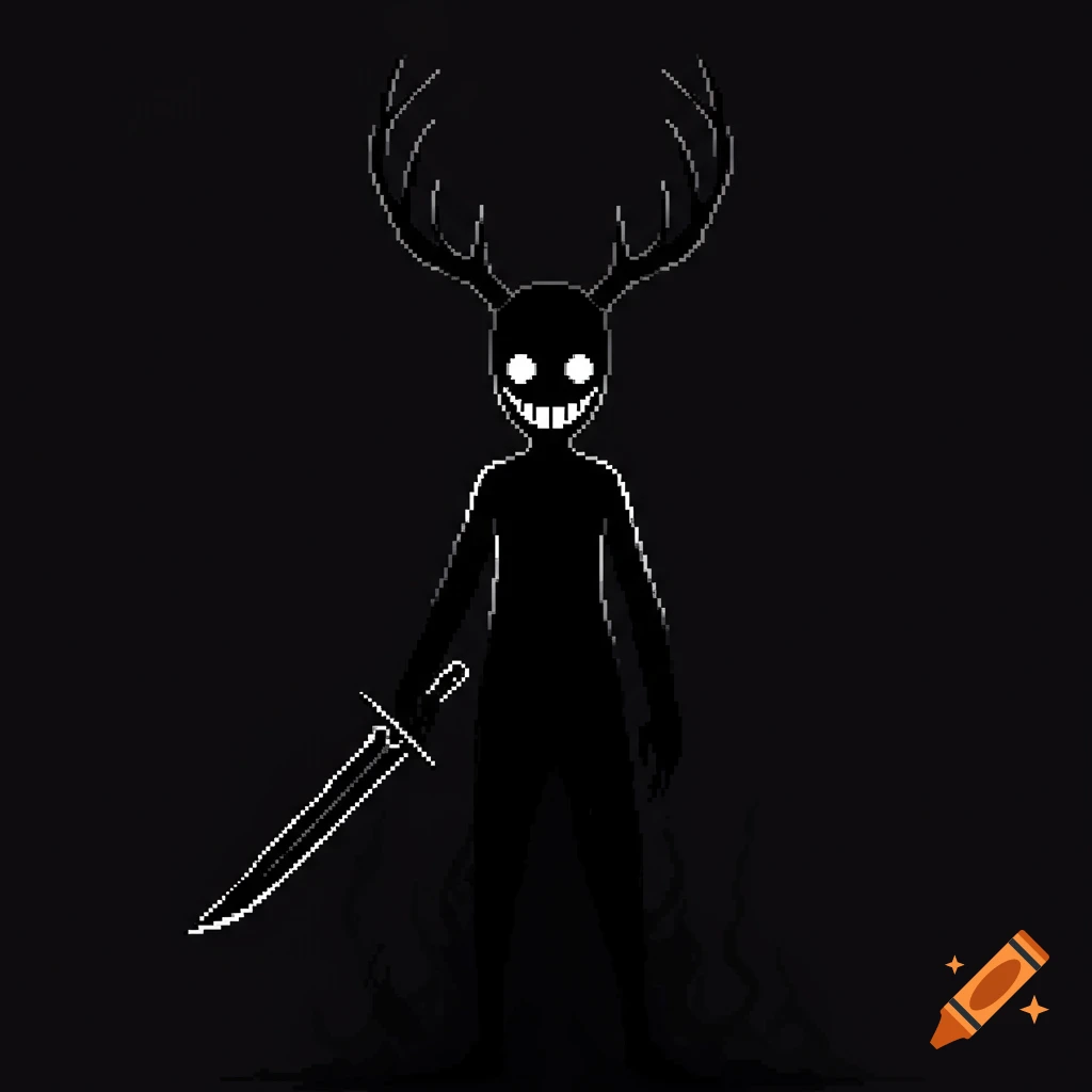 Pixel art of a slim, black figure with antlers, glowing white eyes and a wide smile, outlined in white, holding a sword.