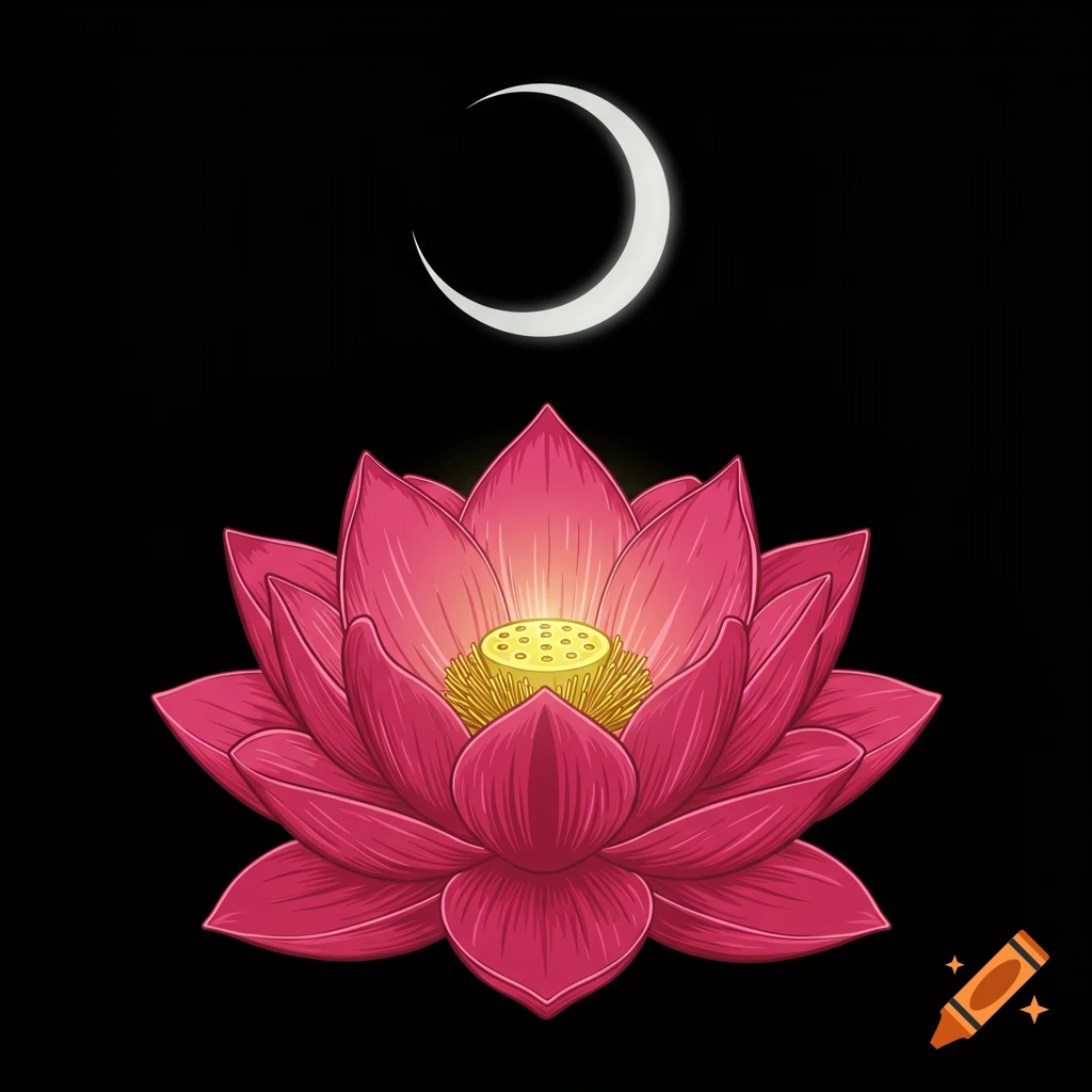 A vibrant pink lotus flower with a yellow center sits beneath a white crescent moon against a black background, in an illustrative style.