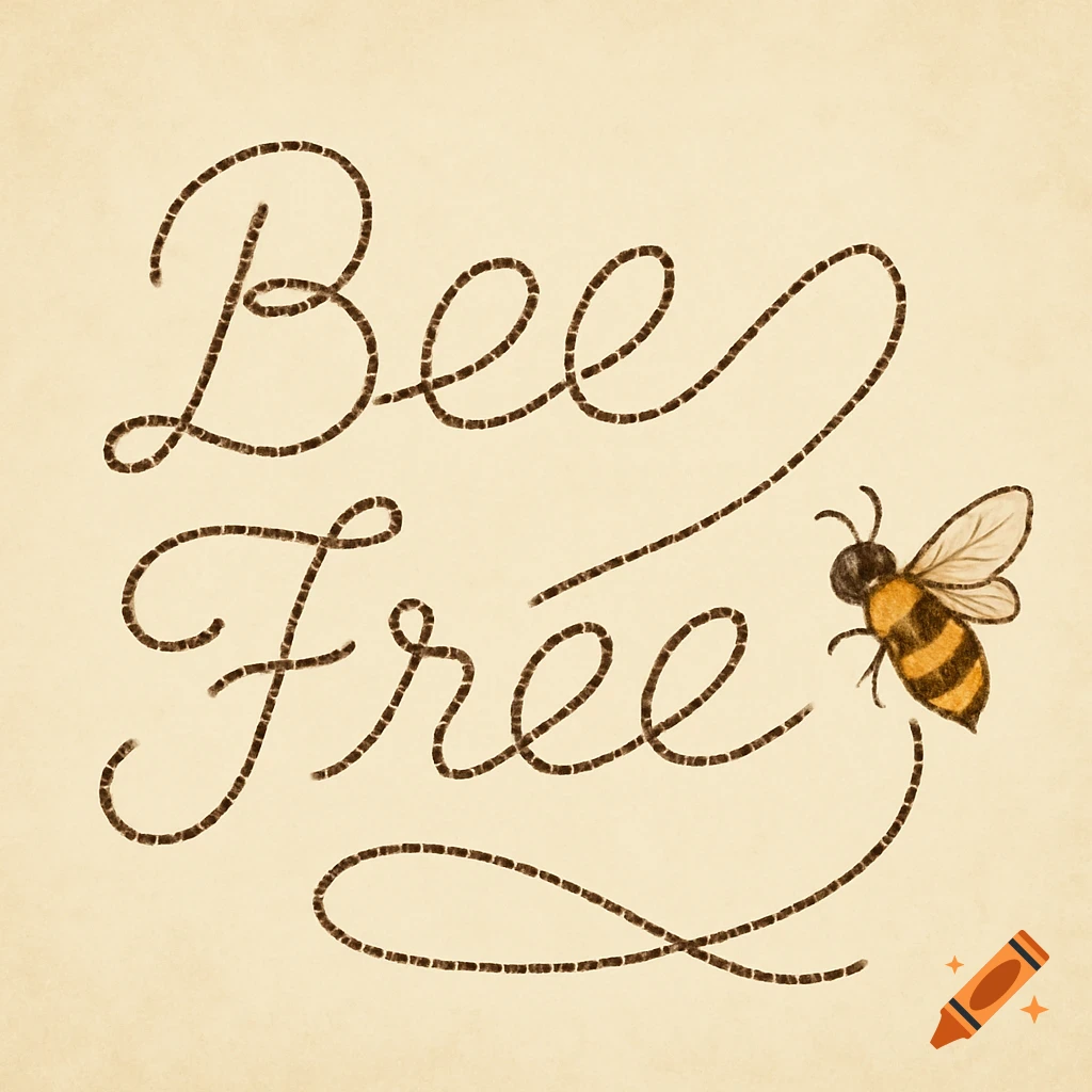 Stylized illustration of the words 'Bee Free' in a looping, dashed brown font, with a bee flying near the end of the phrase on a light beige background.