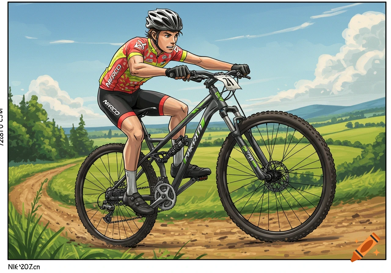 An illustrated male mountain biker on a dirt path, riding a black and green bike with 'NKRCO' branding. Green hills and blue sky in the background.