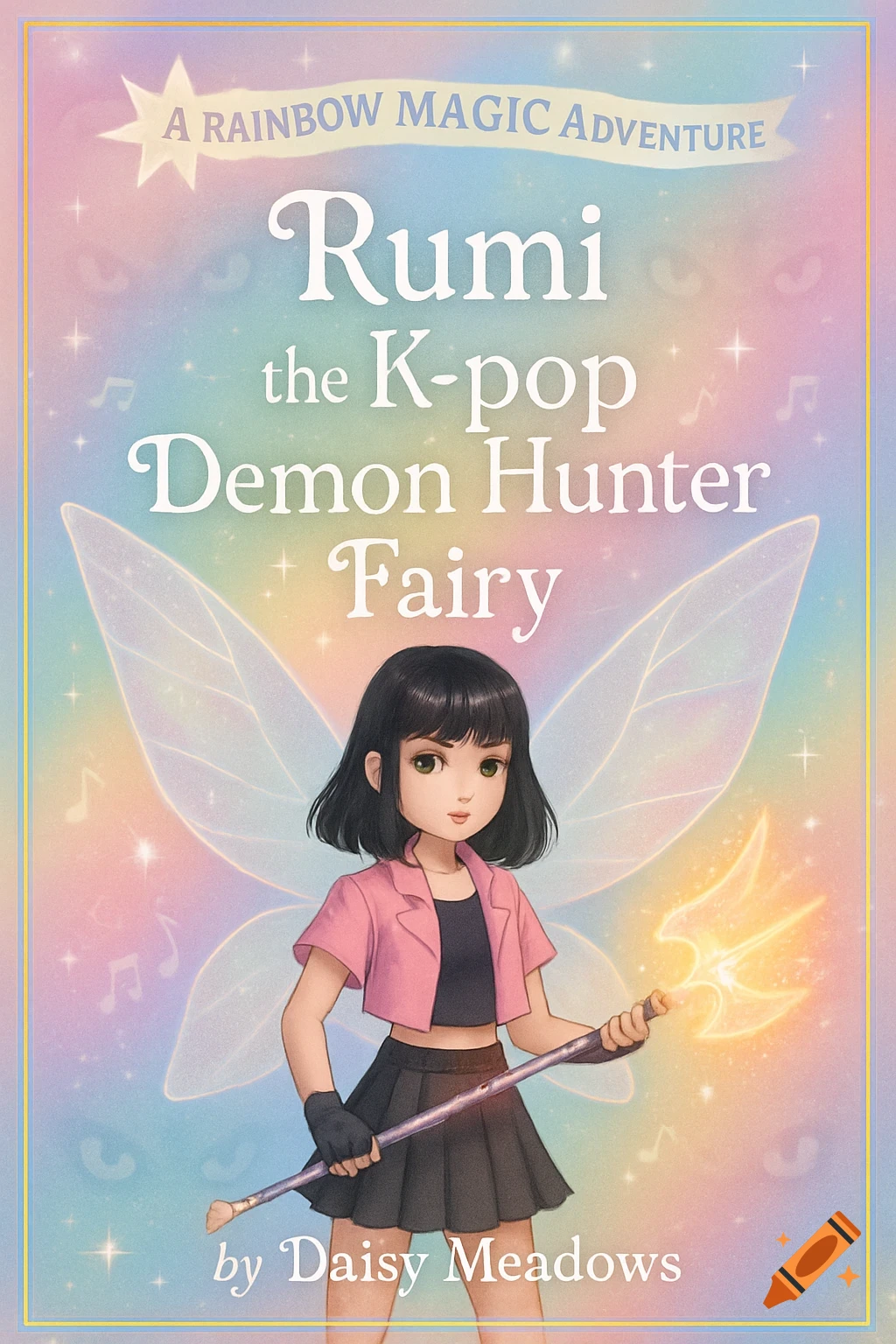 A colorful children's book cover featuring a fairy with black hair, pink jacket, holding a glowing magical weapon, with large wings, against a pastel rainbow background.