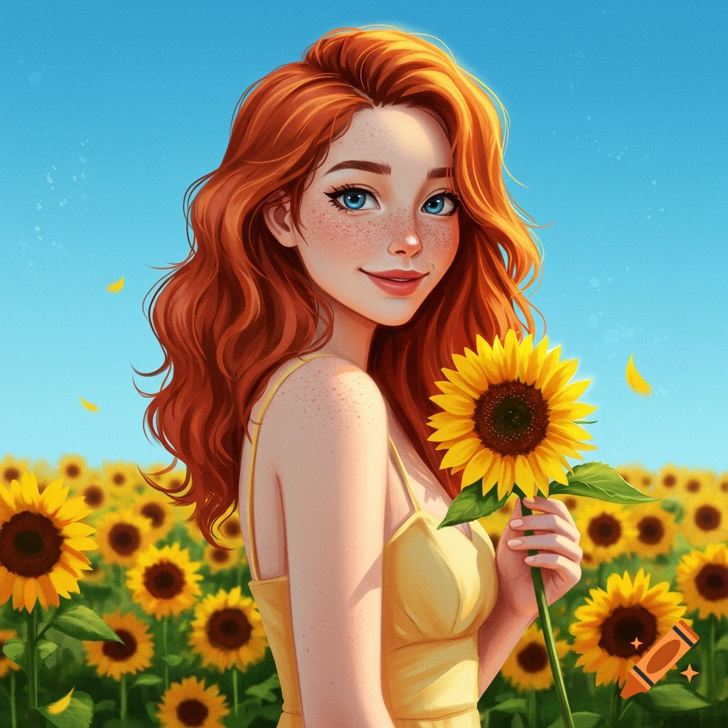 Cartoon woman with red hair and freckles in a yellow dress holds a sunflower in a field of sunflowers under a blue sky.